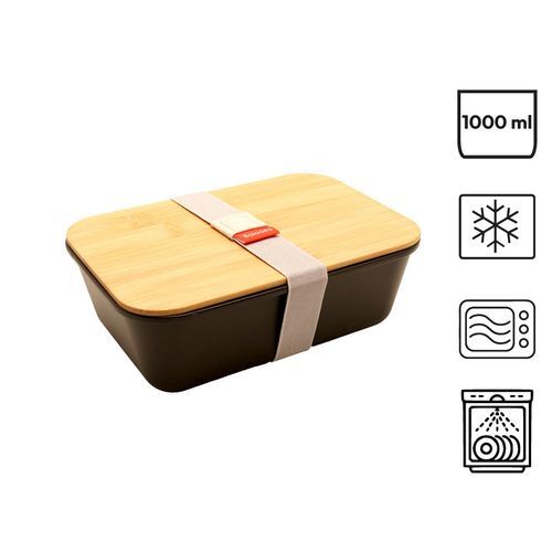 Bento 'Ikoma', noir, avec couvercle en bambou