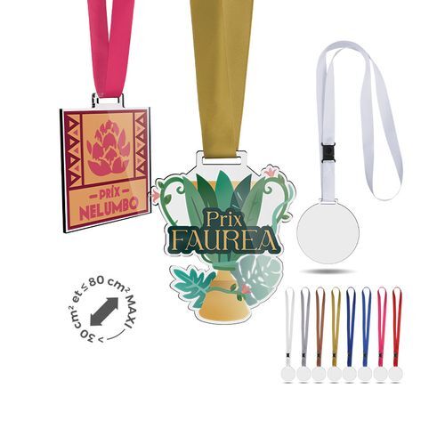 MEDAILLE EN PMMA EP 3 mm ENTRE 30 ET MAXI 80 cm2 AVEC CORDON SATIN