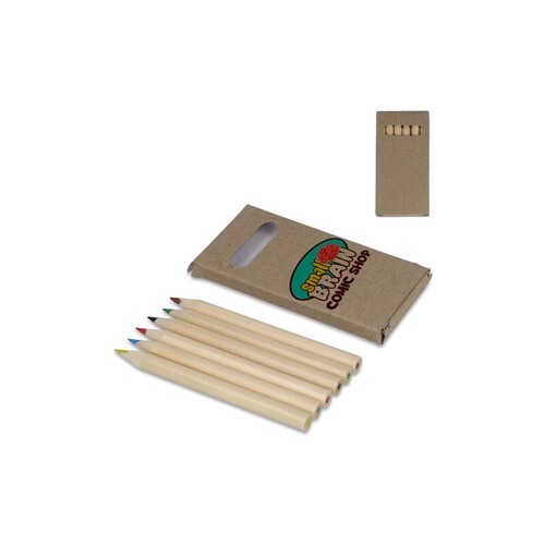 6 crayons de couleur dans une boîte kraft