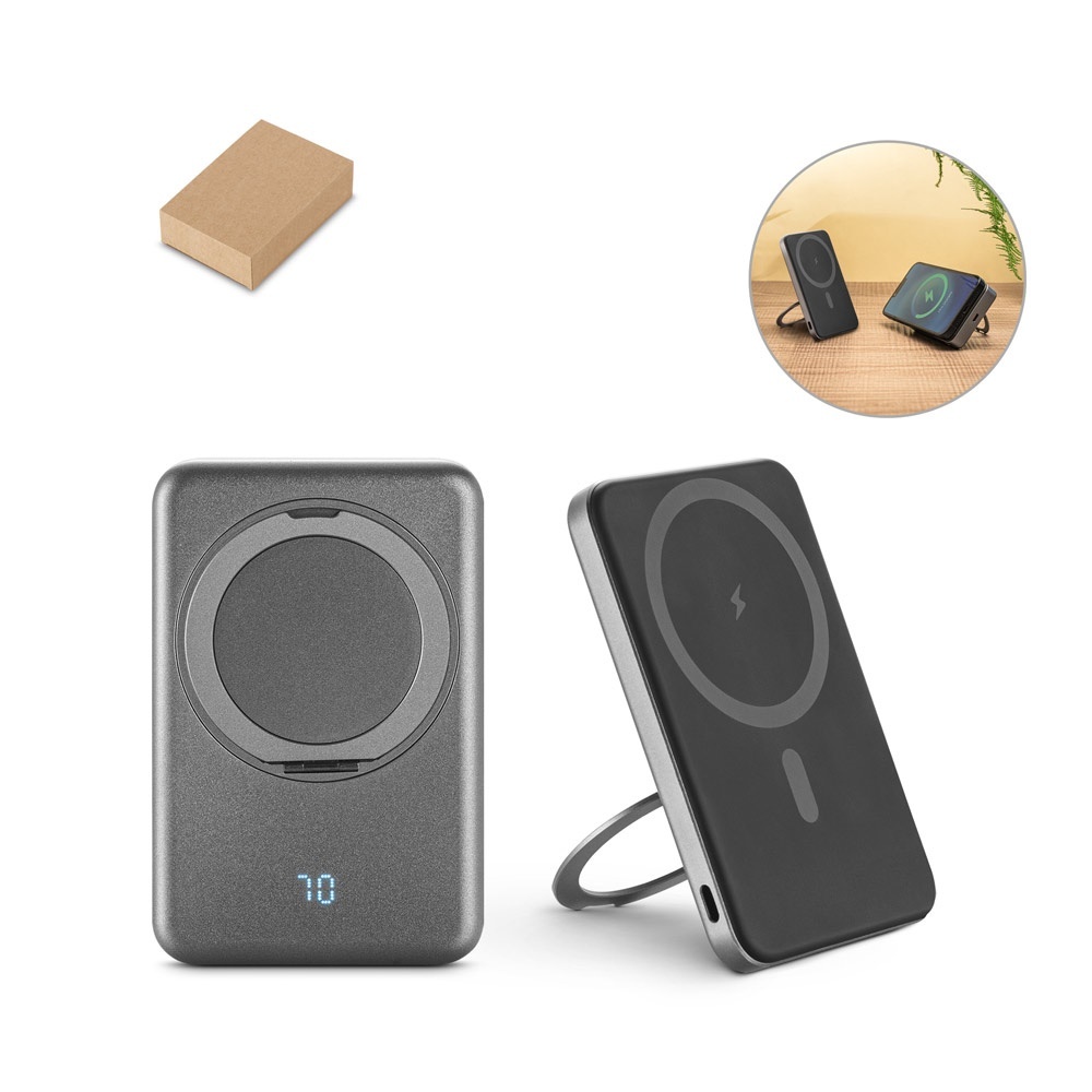 WARSHEL 5. Batterie nomade magnétique de 5 000 mAh avec chargeur sans fil ultrarapide de 15 W en ABS recyclé (100 % rABS) avec support