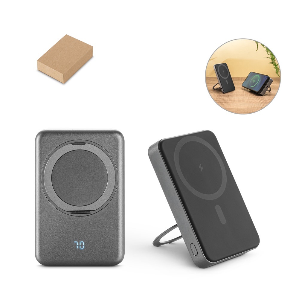 WARSHEL 10. Batterie nomade magnétique de 10 000 mAh avec chargeur sans fil ultrarapide de 15 W en ABS recyclé (100 % rABS) avec support