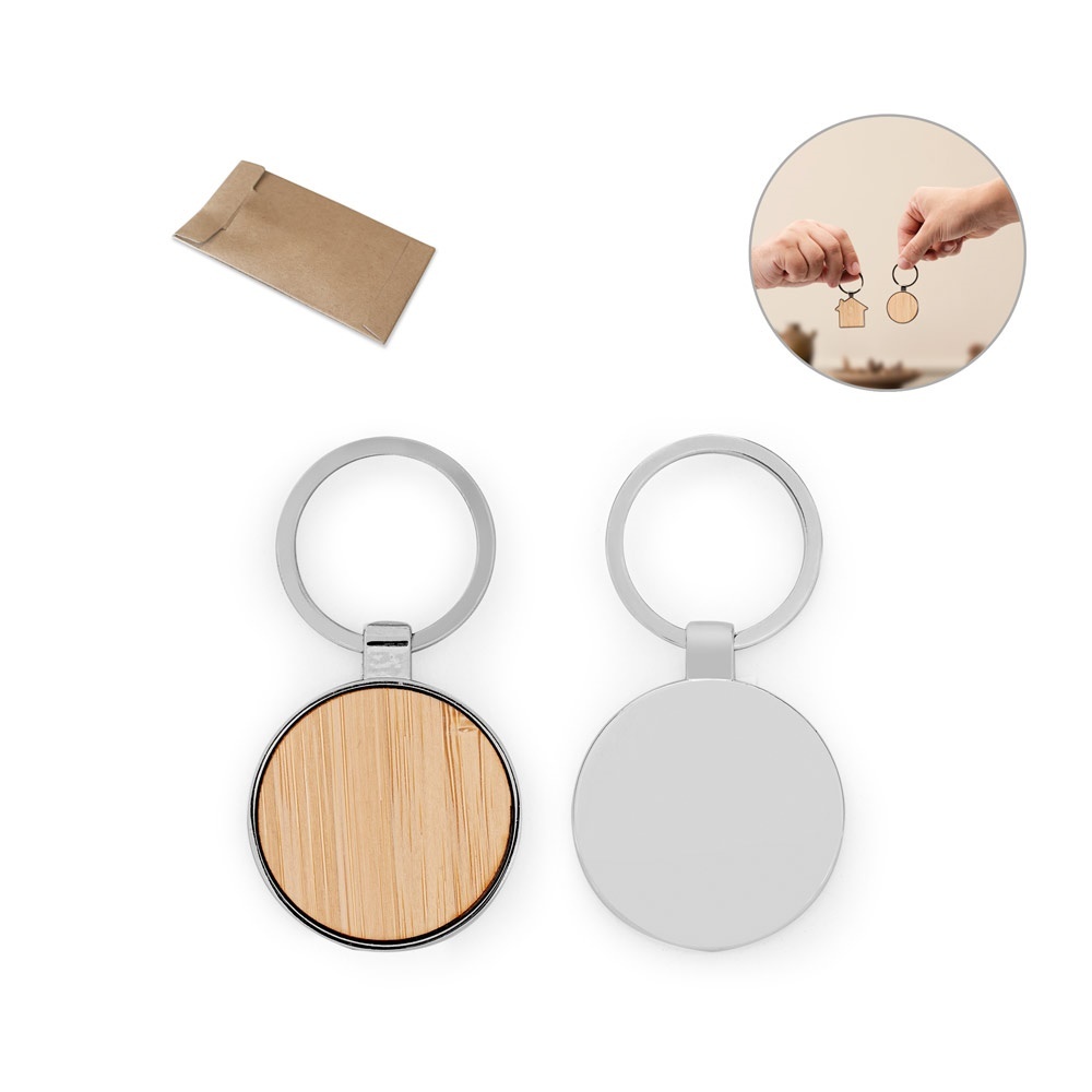 GASTON ROUND. Porte-clés rond en zinc et bambou