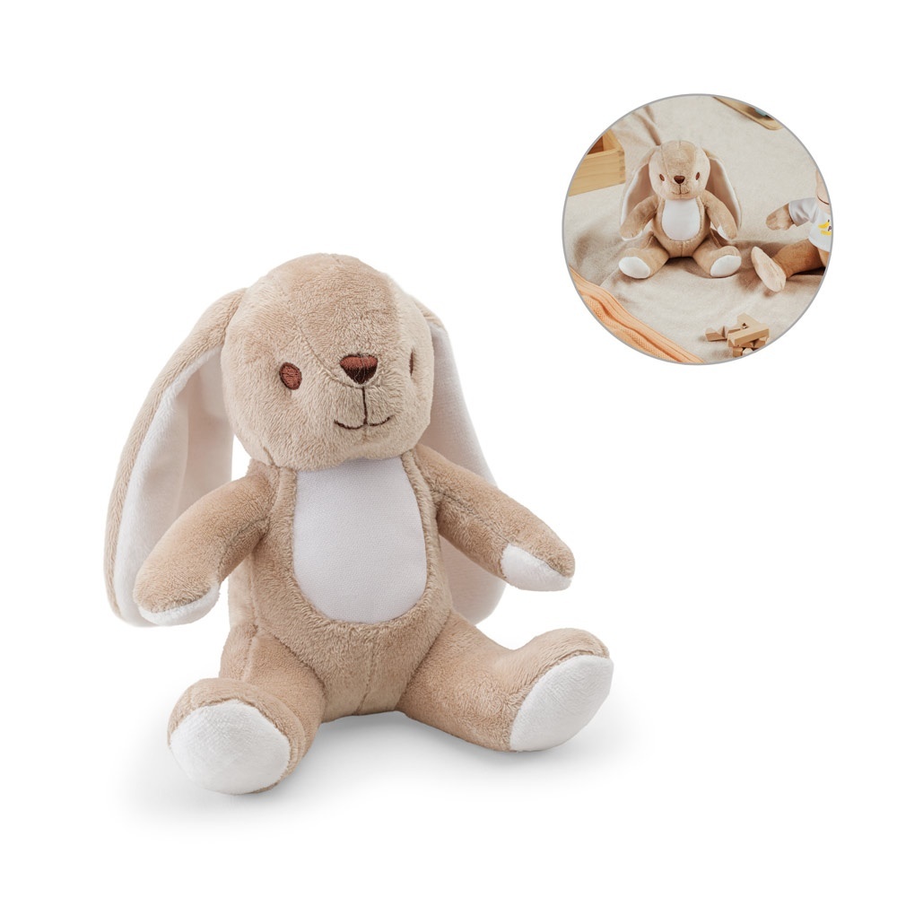 BUGS. Peluche en polyester en forme de lapin, avec son propre tissu pour la personnalisation