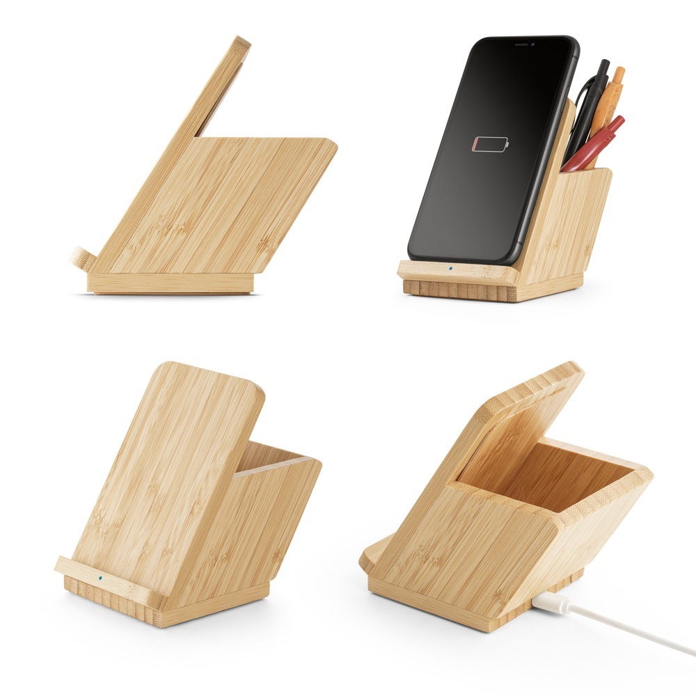 LEAVITT. Porte-smartphone et porte-stylos avec chargeur sans fil rapide 10W en bambou