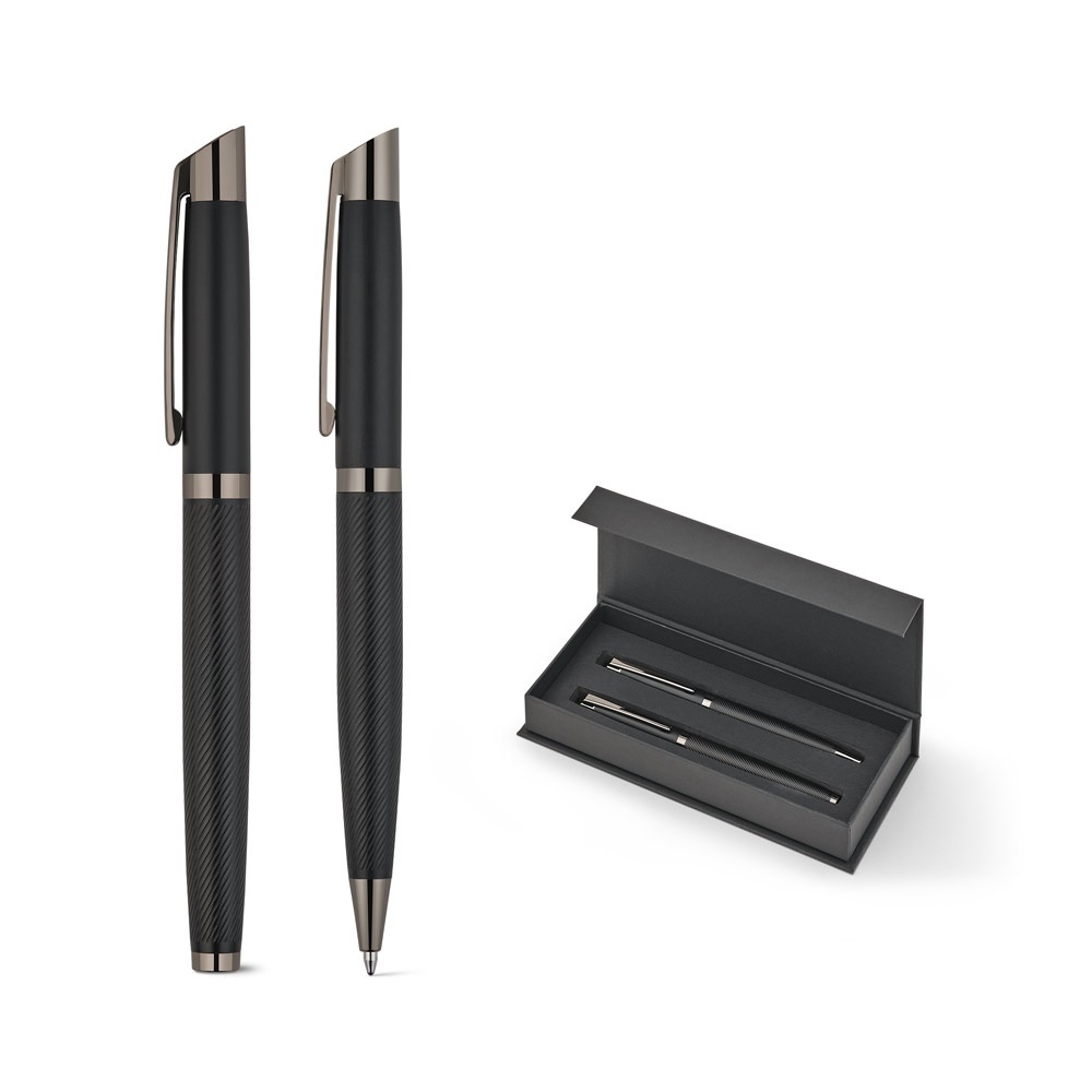 KINGSLEY. Ensemble composé d'un stylo à bille et d'un stylo roller en aluminium, avec encre bleue Dokumental®