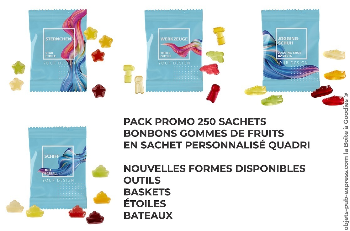 BONBONS PUBLICITAIRES  sachet personnalisé quadri pack promo 250 ex -