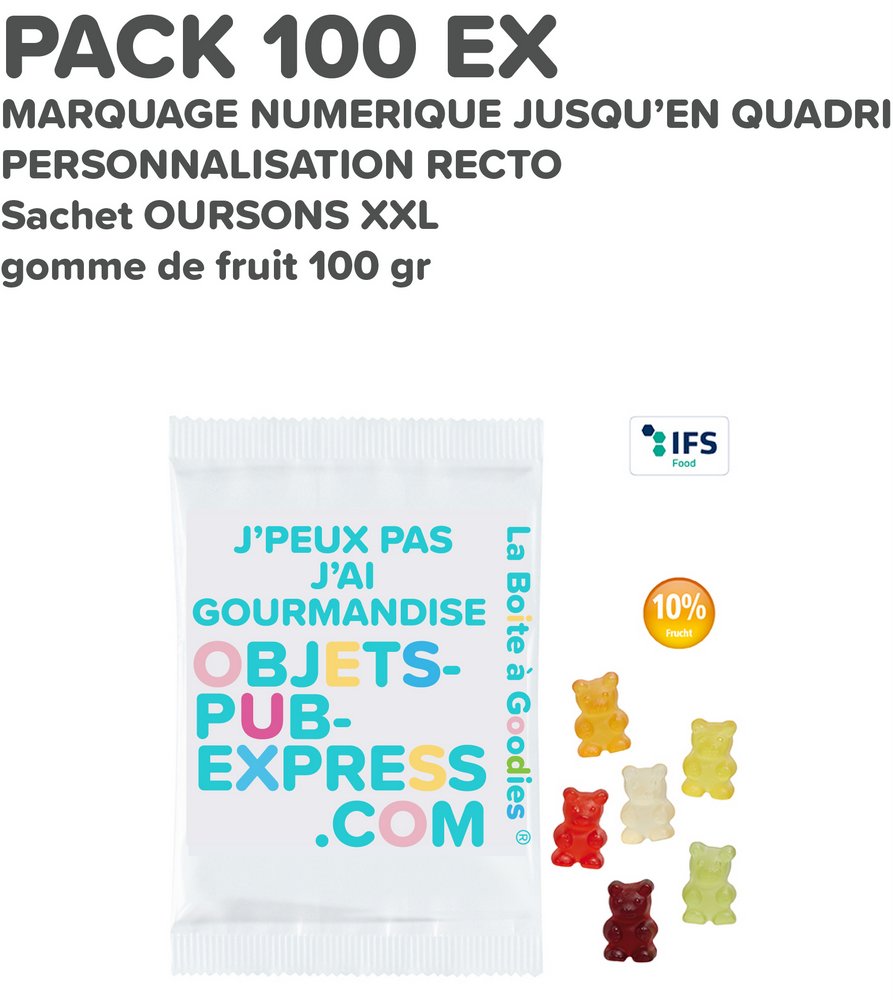 PACK PROMO 100 EX SACHETS PUBLICITAIRES OURSONS FRUITS XXL 100 GR