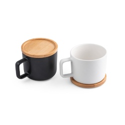 FANGIO. Tasse en céramique 220 mL avec couvercle et base en bambou