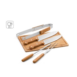 FLARE. Ensemble de 5 pièces pour barbecue en bois et acier inoxydable et une planche de bambou