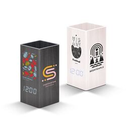 PENDULETTE AVEC POT A CRAYONS ET THERMOMETRE, HORLOGE DE BUREAU