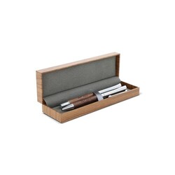 Ensemble stylo à bille et roller en métal bois de noyer dans une boîte cadeau