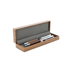 Ensemble stylo à bille et roller en métal bois de noyer dans une boîte cadeau