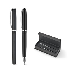 SARAMAGO. Coffret haut de gamme comprenant 1 stylo à bille et 1 stylo roller en cuivre et acier inoxydable, à encre bleue