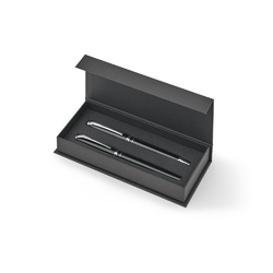SARAMAGO. Coffret haut de gamme comprenant 1 stylo à bille et 1 stylo roller en cuivre et acier inoxydable, à encre bleue