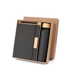 SCLIAR. Ensemble composé d'un stylo à bille, d'un bloc-notes et d'une bouteille, fabriqués à partir de PET recyclé, d'aluminium recyclé et de bambou