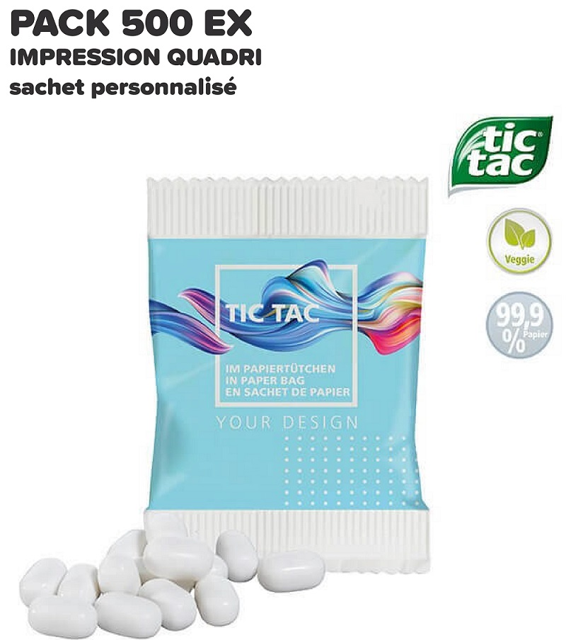 PACK PROMO 500 EX BONBONS TIC TAC EN SACHET PAPIER PERSONNALISÉ QUADRI